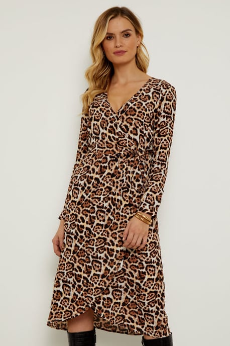 Leopard Print Wrap Midi Dress