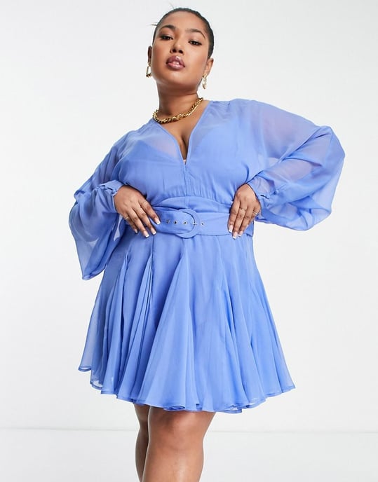 ASOS DESIGN Curve soft mini dress with godet detail and belt in blue