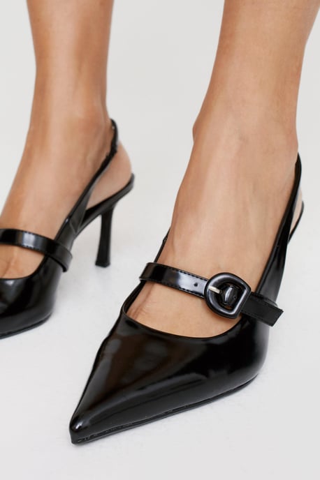 Faux Leather Sling Back Pointed Court Heels