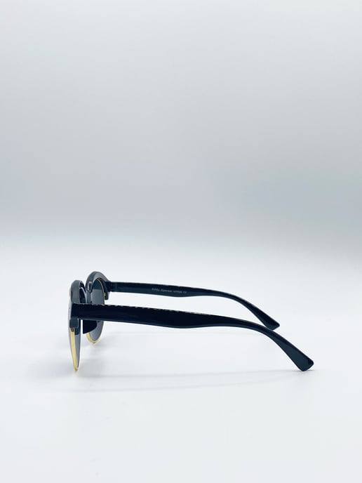Black Round Sunglasses with Blue Revo Lenses and Gold Detail