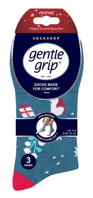 Gentle Grip - 6 Paar Damen Neuheit Weihnachten Socken - blau / rot / grau - Image 2