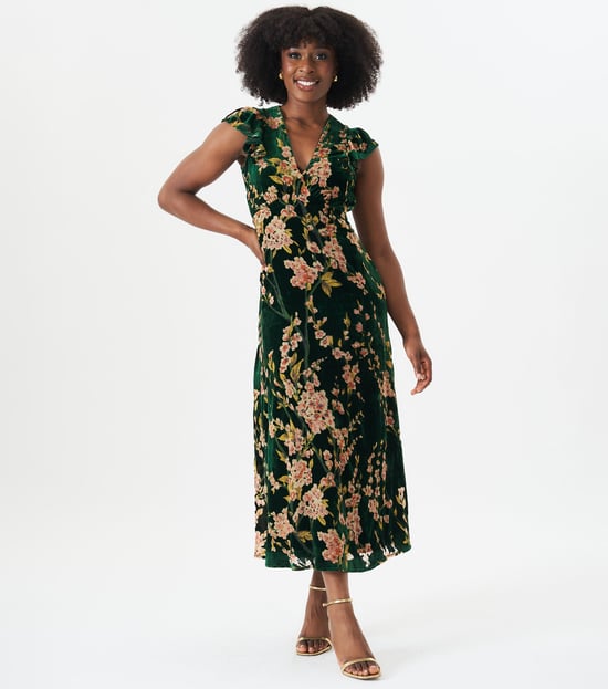 Green Floral Devore Ruffle V Neck Midaxi Dress