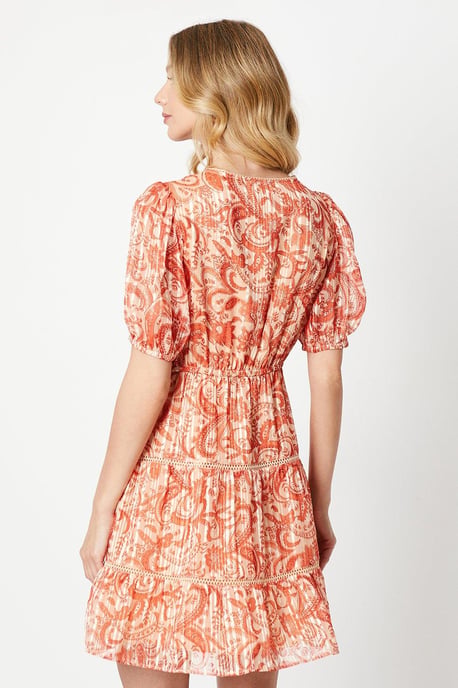Paisley Burnout Chiffon Stripe Trim Mini Dress
