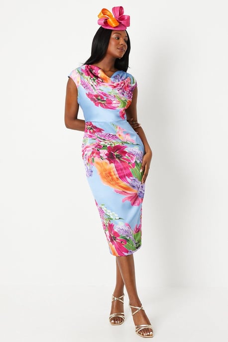 Lisa Tan Placement Print Satin Pencil Dress