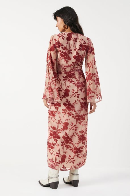 Devore Plunge Neck Flared Sleeve Button Through Midi Dress - Image 3