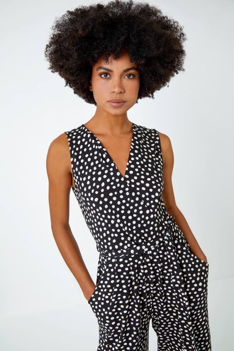 Sleeveless Spot Culotte Stretch Jumpsuit