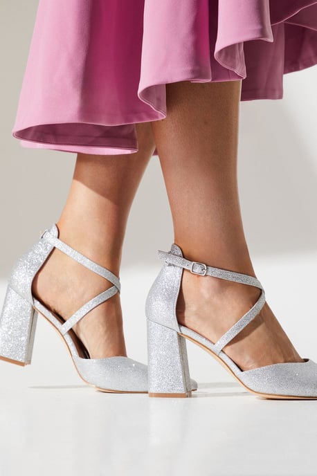 Wide Fit Treat Glittter Cross Strap Pointed Block Heel Court Shoes - Image 2