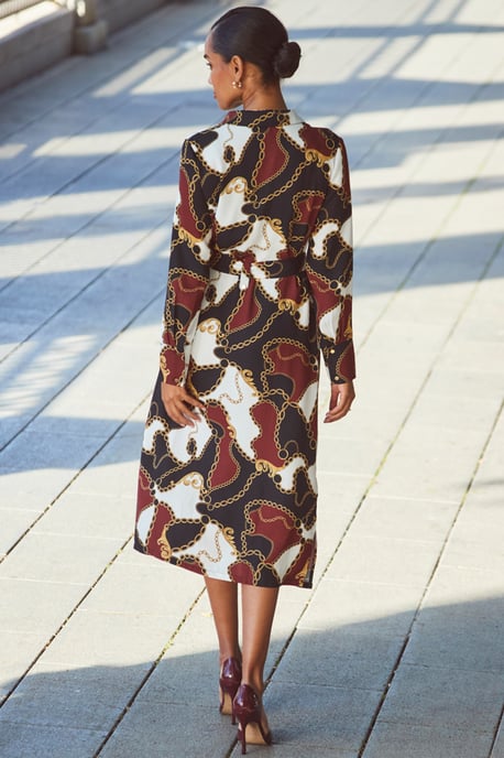 Black Multi Print Zip Front Belted Midi Dress