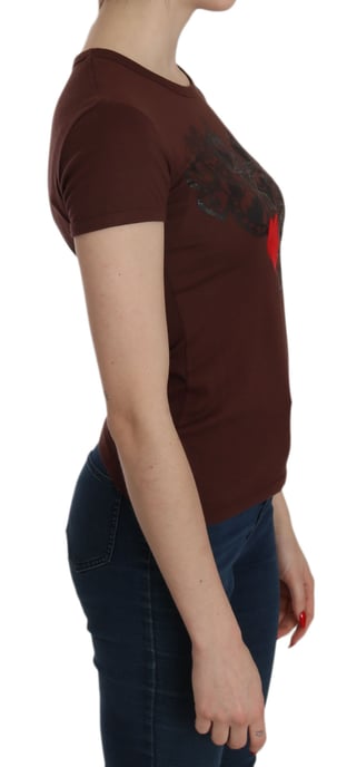Exte Women's Brown Heart Print Crew Neck T-shirt Short Sleeve Blouse