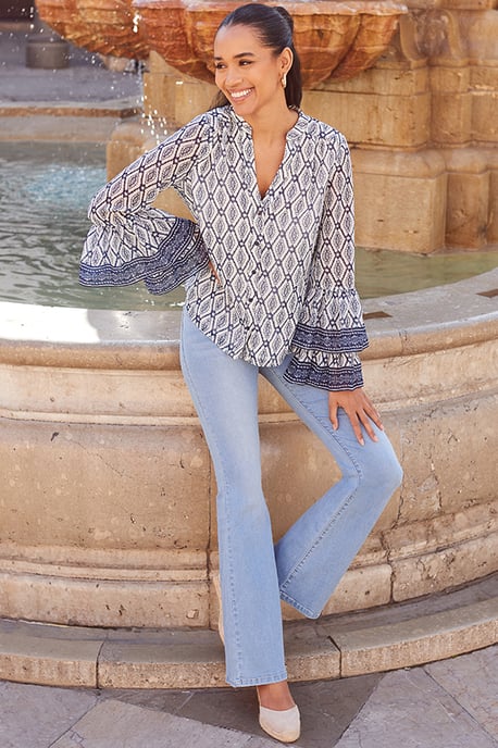 Navy Blue Geometric Print Fluted Cuff Contrast Trim Blouse