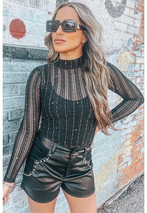 Damen Mesh Mock Neck Langarm-Bodysuit in Schwarz - Image 2