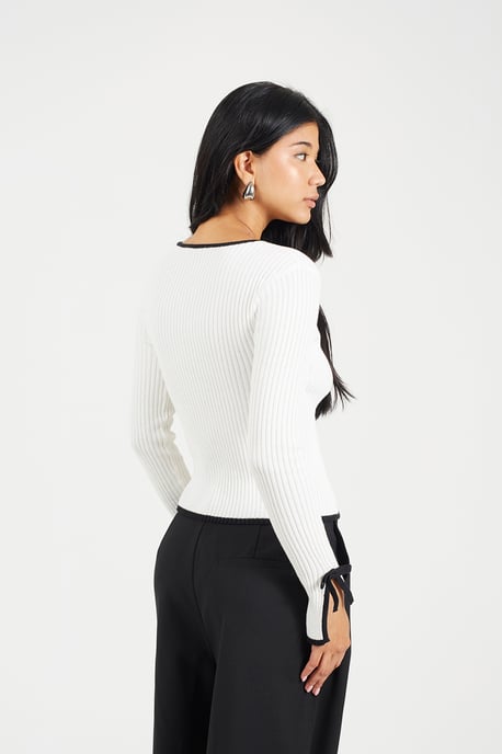 Cream Ribbed Knitted Cardigan With Bow Fastening