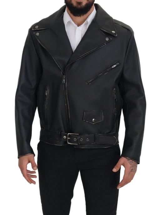Dolce & Gabbana Schwarze Leder Bikerjacke mit Reißverschluss für Herren - Image 5