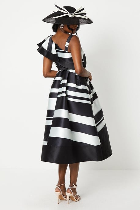 Lisa Tan Geo Stripe Monochrome Ruffle Shoulder Midi Dress
