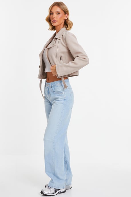 Stone Faux Suede Cropped Biker Jacket