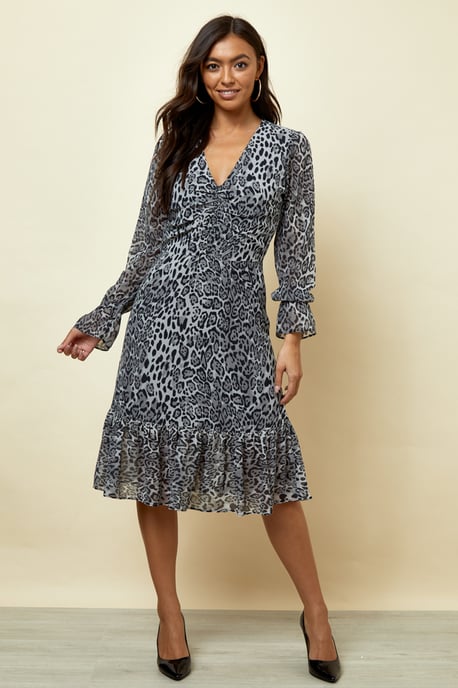 Snow Leopard Print V Neck Fit & Flare Dress
