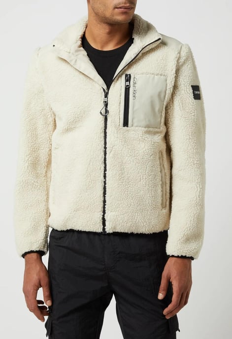 Calvin Klein Zip durch Teddy Pelz Fleece Jacke in Stein - Image 1