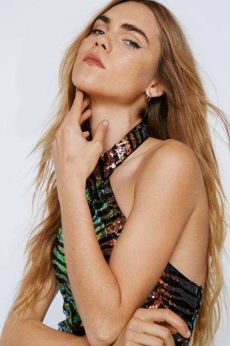 Animal Sequin Twist Halterneck Mini Dress