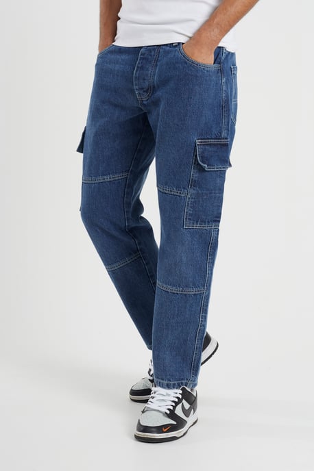 Mid Blue Loose Fit Cargo Style Denim Jeans - Image 1