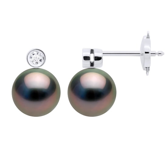 Earrings Jewelry Prestige Diamonds 0.06 Cts - CLOSED SET 2 x 0,03 Cts - with Real Cultured Tahiti Pearls Round 8-9 mm
