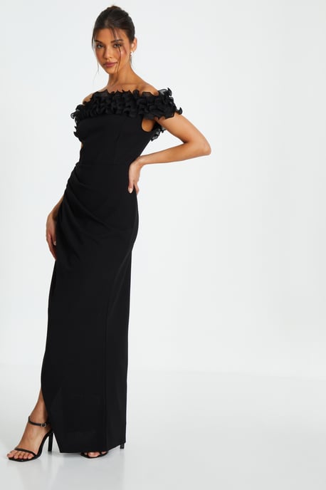 Black Bardot Ruffle Ruched Maxi Dress - Image 4