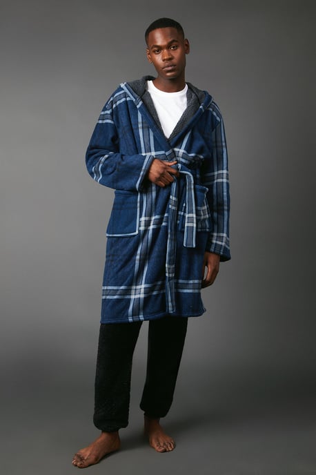 Men's Check Bonded Fleece Lined Dressing Gown