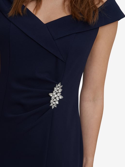 Goldie Short Off The Shoulder Sheath Dress With Ruched Waist And Embellishmnet Detail
