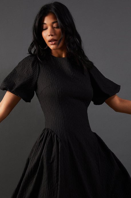 Seersucker Organza Godet Side Puff Sleeve Midi Dress