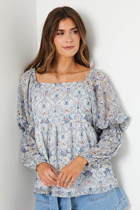 Mirror Detail Tile Print Square Neck Top
