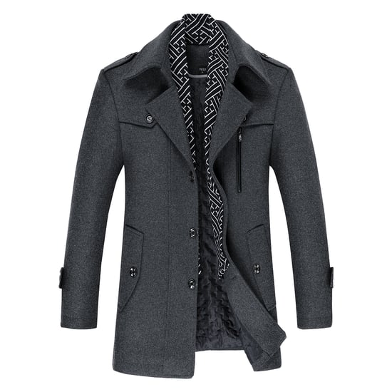 Men's Winter Thickened Solid Color Lapel Casual Wool Coat with Striped Collar Grey