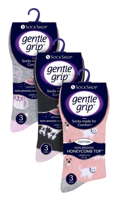 9 Paar Multipack Ladies Cotton Crew Non Elastic Socks | Gentle Grip | Womens Soft Top Striped Patterned Non Binding Socks - Cats & Dogs - Image 2