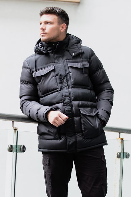 Black 'Windsurf' Mixed Fabric Hooded Puffer Parka Jacket