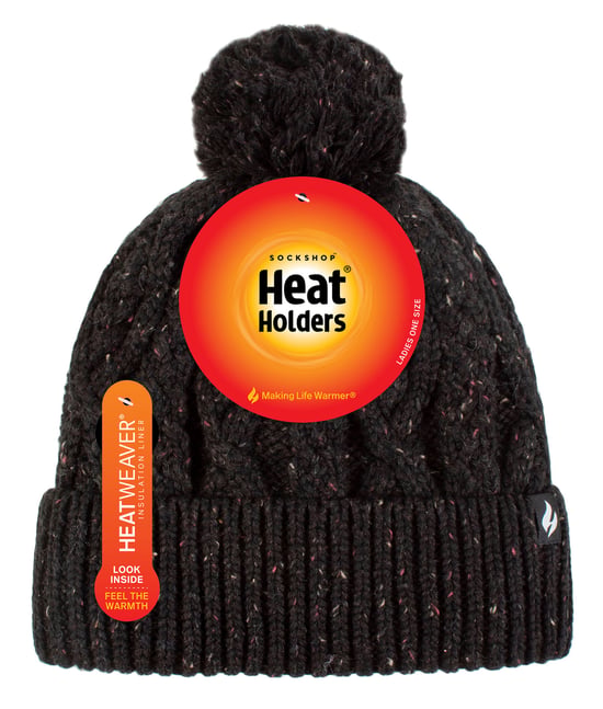 Damen Pom Pom Bommelmütze | Wärmehalter | Modische Chunky Warm Cable Knit Beanie mit Heatweaver Fleece Futter | Salzburg Style - Black - Image 2