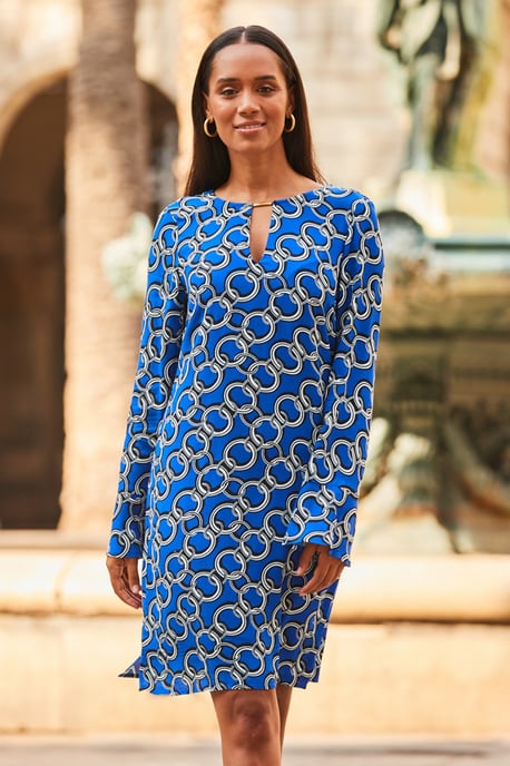 Blue Chain Print Tab Detail Shift Dress