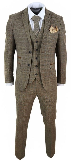 Herren 3-teiliges braunes Tweedkaromuster Vintage Retro Anzug - Image 4