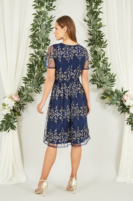 Navy Embroidered Mesh Prom Dress