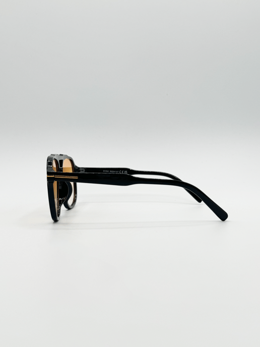 Oversized Navigator Sunglasses in Black with Orange Lenses - Image 3