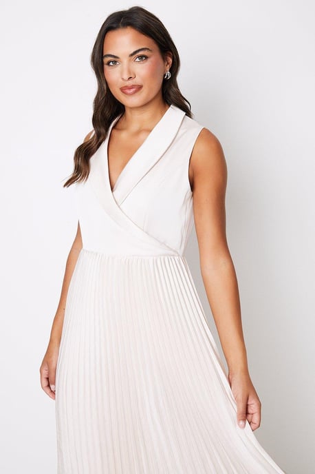 Satin Collared Midi Dress With Pleated Skirt