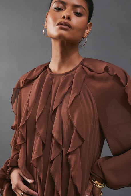 Chiffon Ruffle Blouson Sleeve Maxi Dress