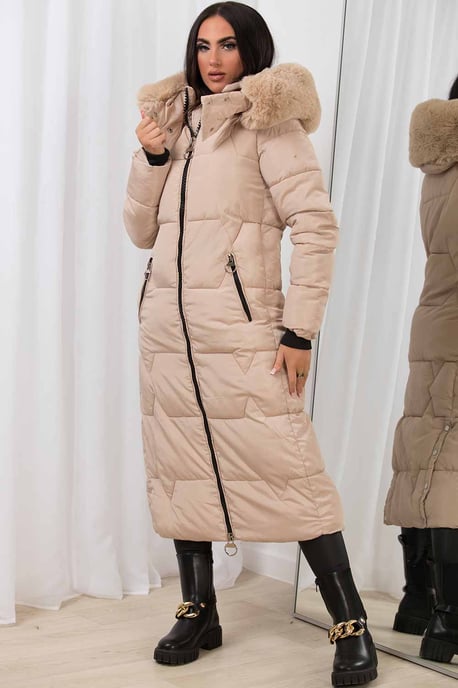 Jess Women’s Long Puffer Coat with Faux Fur Hood & Zip Pockets