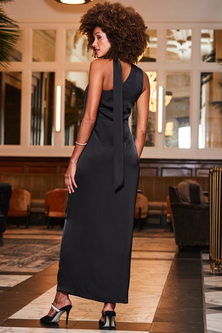 Black One Shoulder Tie Neck Satin Maxi Dress