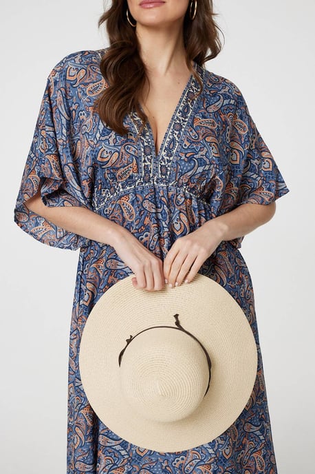 Navy Paisley Print Kimono Sleeve Midi Dress