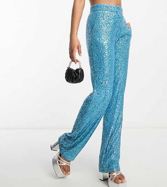 ASOS DESIGN Tall straight sequin ankle grazer trousers in turquoise-Blue