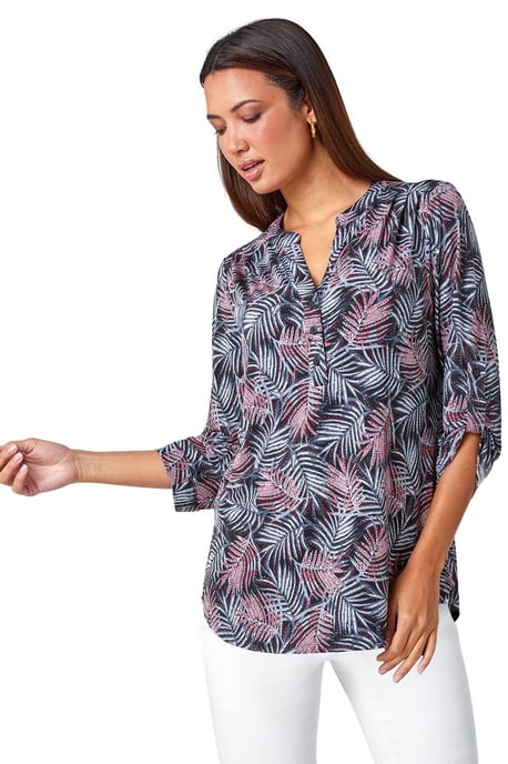 Leaf Print V-Neck Stretch Jersey Blouse