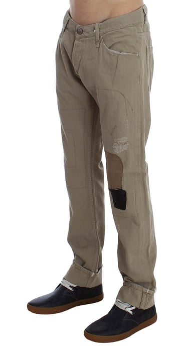 Acht Men's Beige Cotton Patchwork Jeans