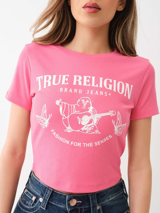 Butterfly Buddha Rib Baby Tee in Pink