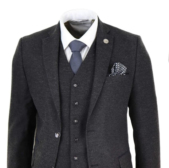 Herren 3-teiliges Schwarzes Wolltweed Vintage Retro Anzug - Image 3