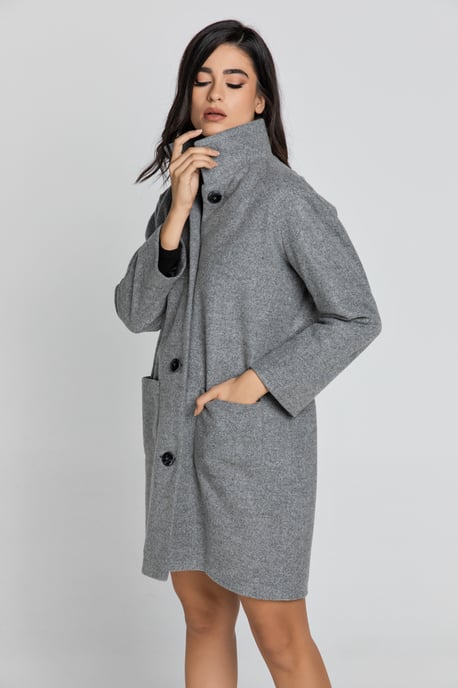 Wool Grey Coat with Upright Collar by Conquista Fashion