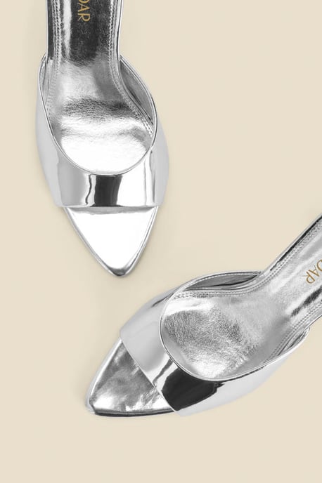 Silver Leather Flared Heel Pointed Toe Mules