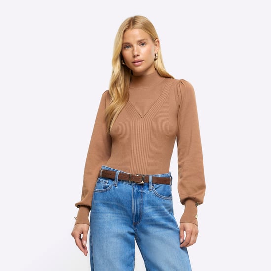 River Island Women Jumper Brown Rib Mix Roll Neck